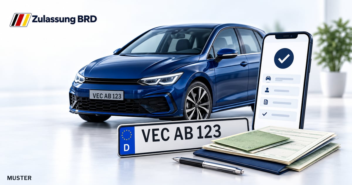 Online Fahrzeugzulassung in Landkreis Vechta: Musterkennzeichen VEC AB 123, Auto und Fahrzeugpapiere und Smartphone. Illustration mit Logo von Zulassung BRD.